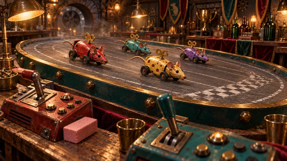 RIGGED key art: four colorful wind-up rat racers on an oval tabletop track, with chunky controls and foam bricks in the foreground.